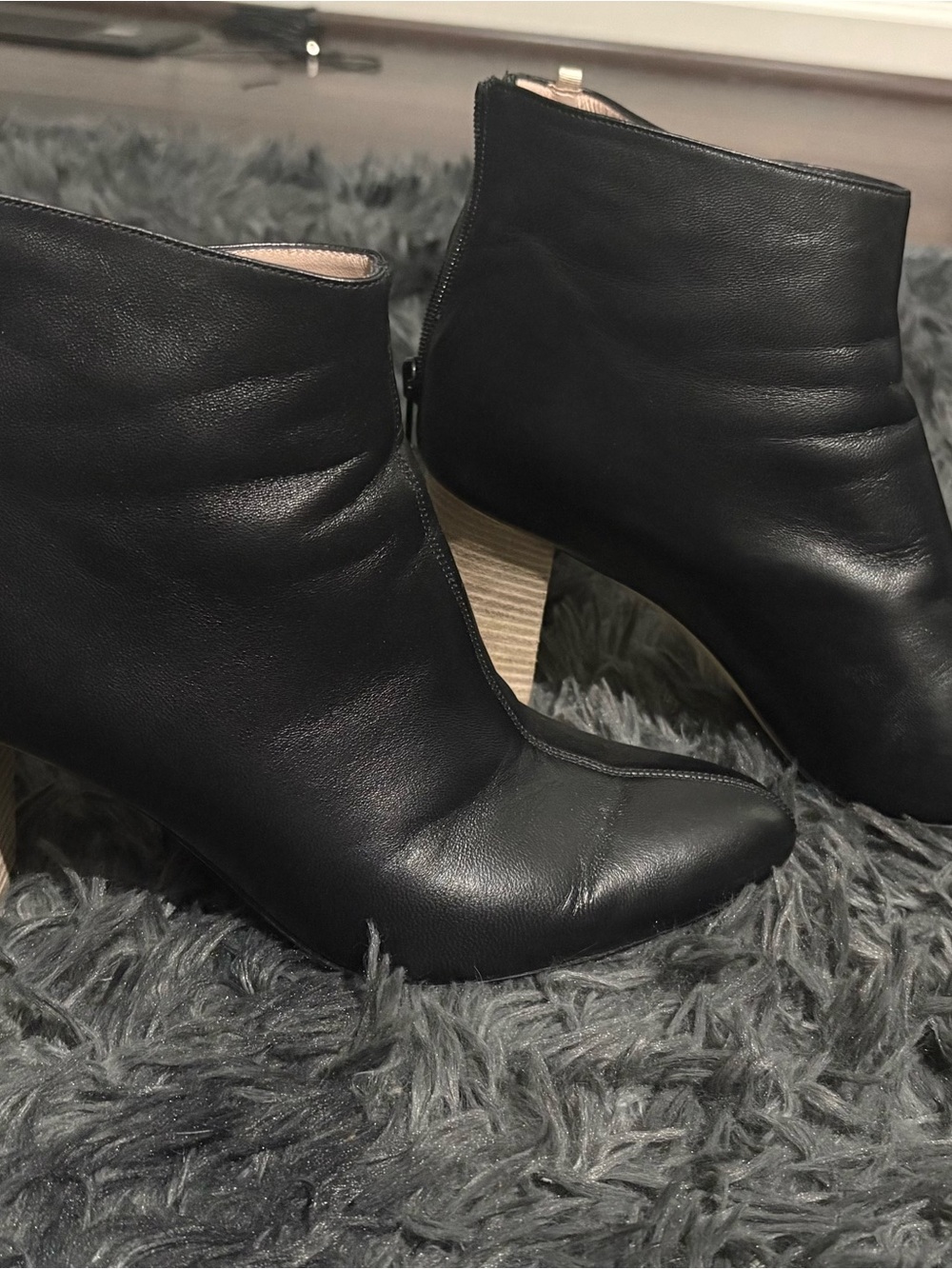 SJP Minnie Black Leather Ankle Booties with Stacked Heel size 40